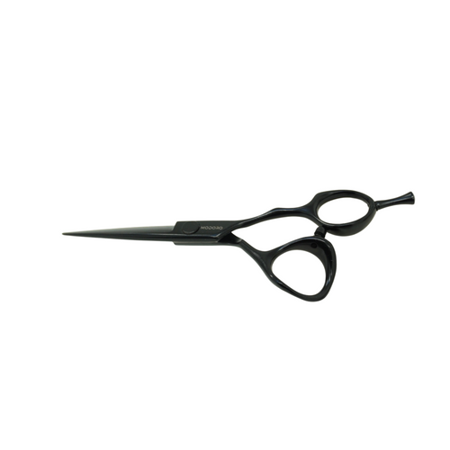 Black professional hair shears with a matte finish, shown horizontally against a solid white background.